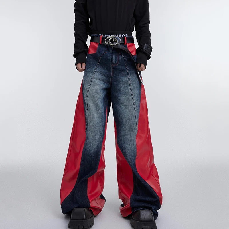 Patchwork PU Leather Denim Wide-Leg Jeans