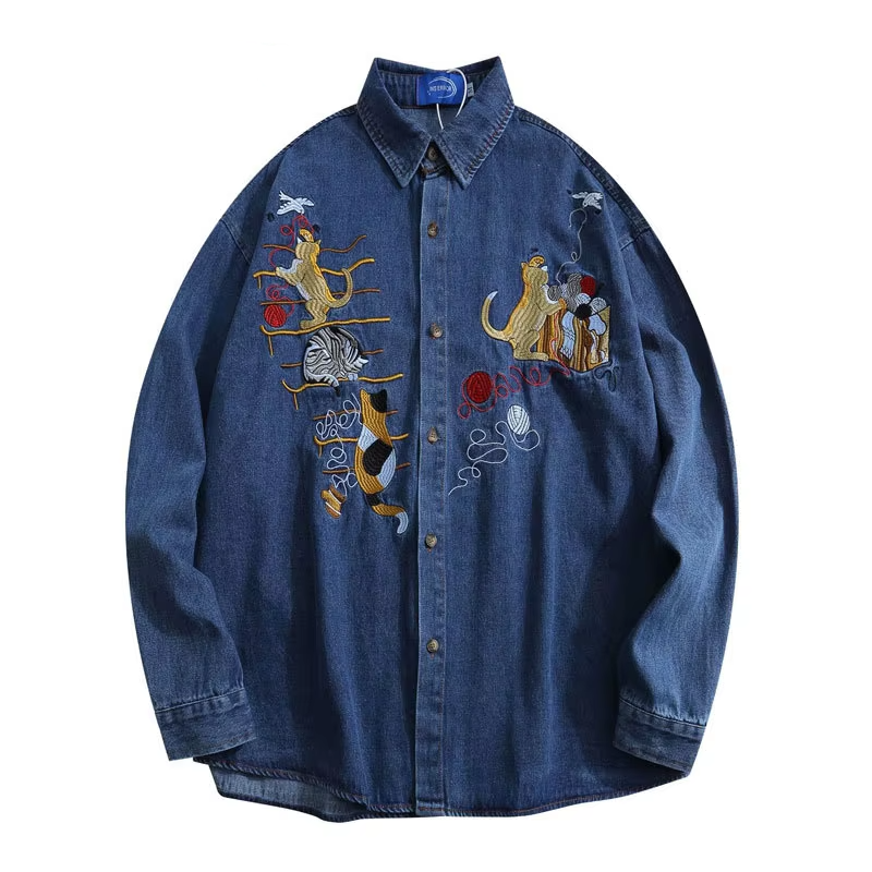 Denim Cat Embroidered Loose Shirt