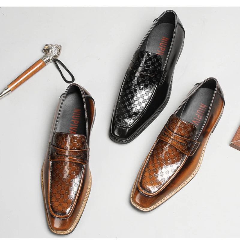 Geometric Pattern Genuine Leather Men's Loafers