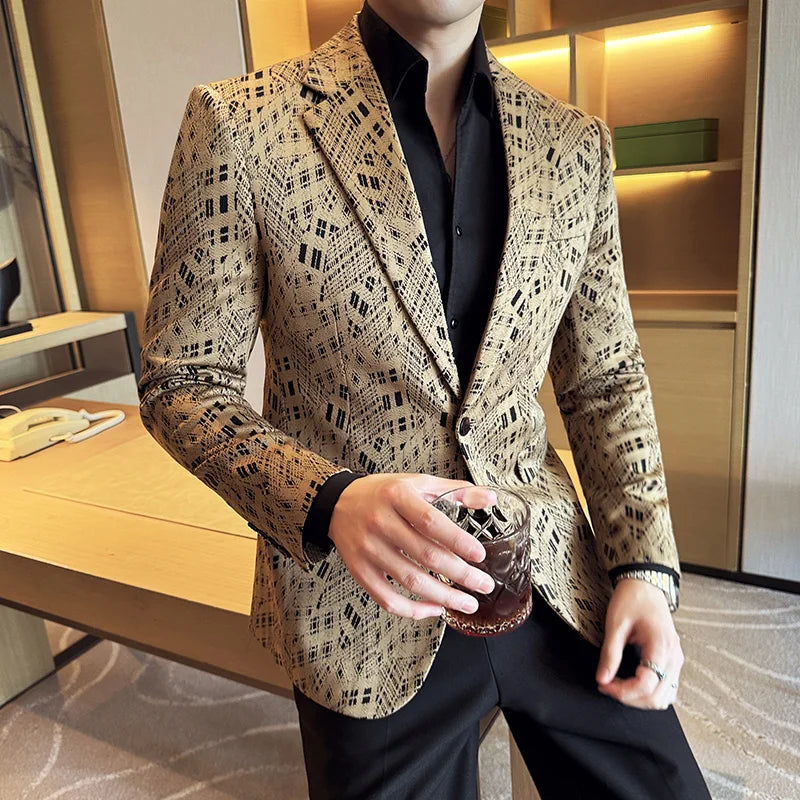 Geometric Grid Polyester Men's Blazer