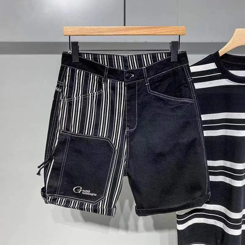 Black Striped Patchwork Denim Shorts