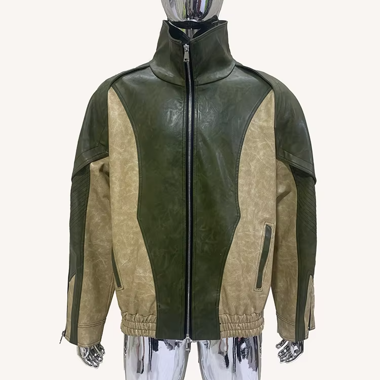 Windproof Color Block PU Leather Jacket