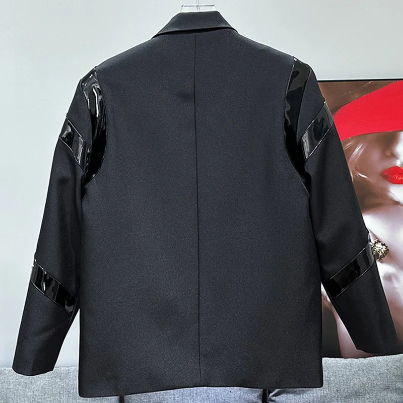 Glossy PU Leather Patchwork Design Blazer