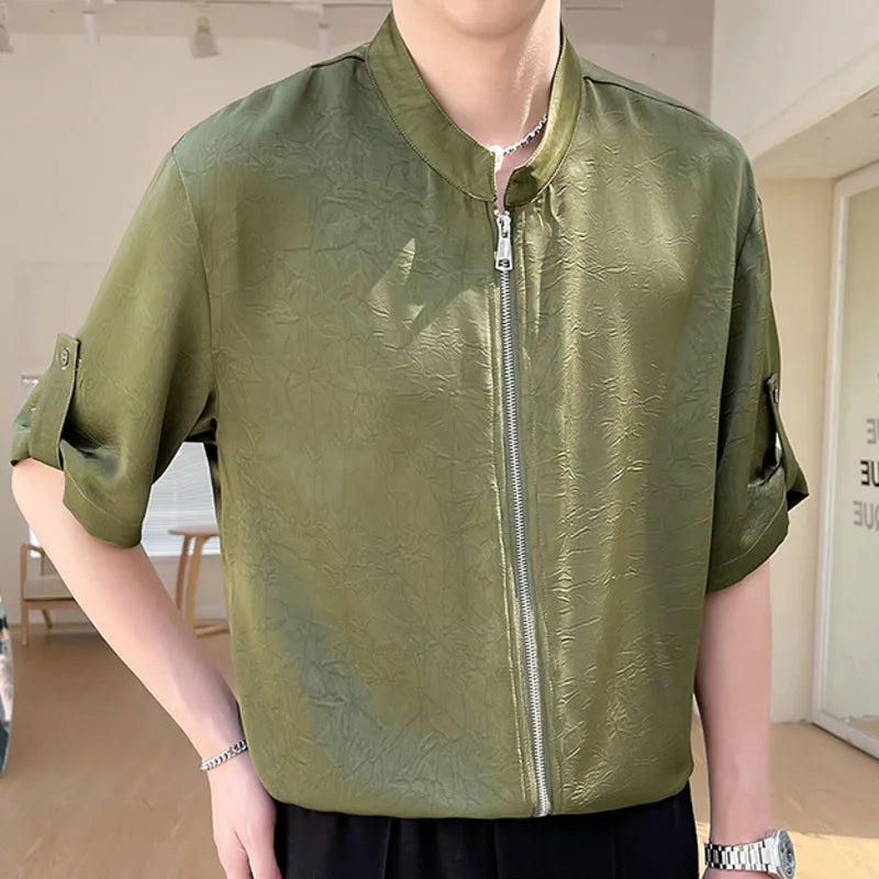 Solid Jacquard Zipper Button Sleeve Shirt