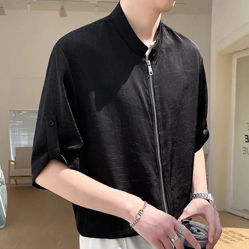 Solid Jacquard Zipper Button Sleeve Shirt