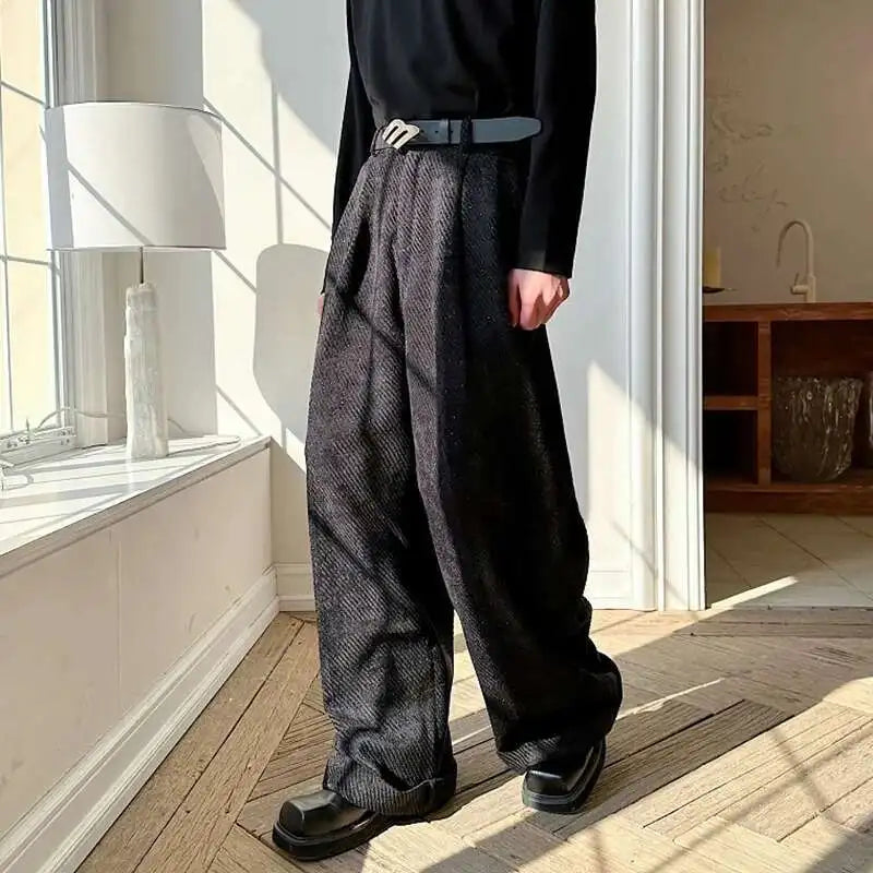 Solid Color Twill Loose Trousers