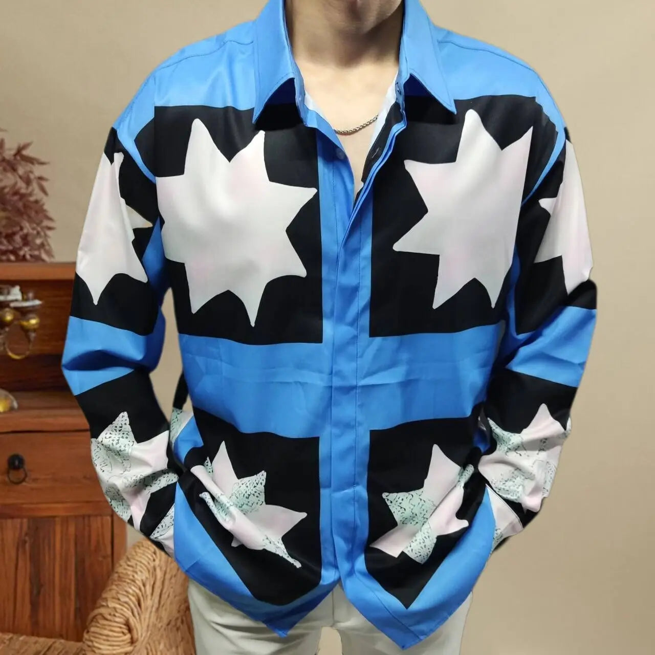 Blue Star Pattern Long-Sleeve Shirt