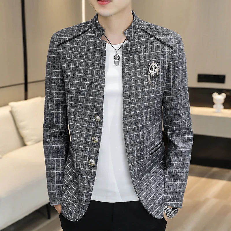 Thick Plaid Pattern Stand Collar Blazer