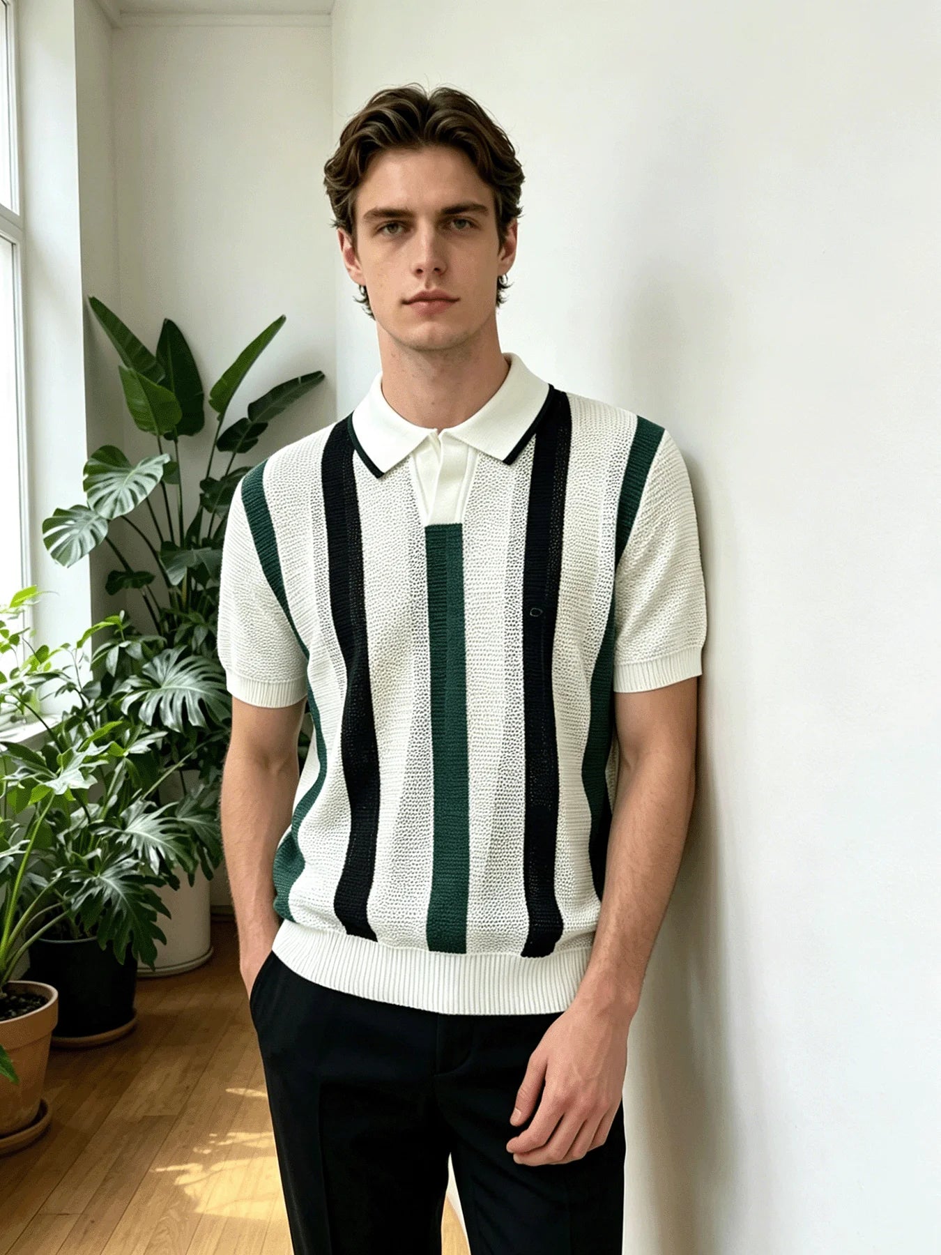 Vertical Stripe Knitted Polo Shirt