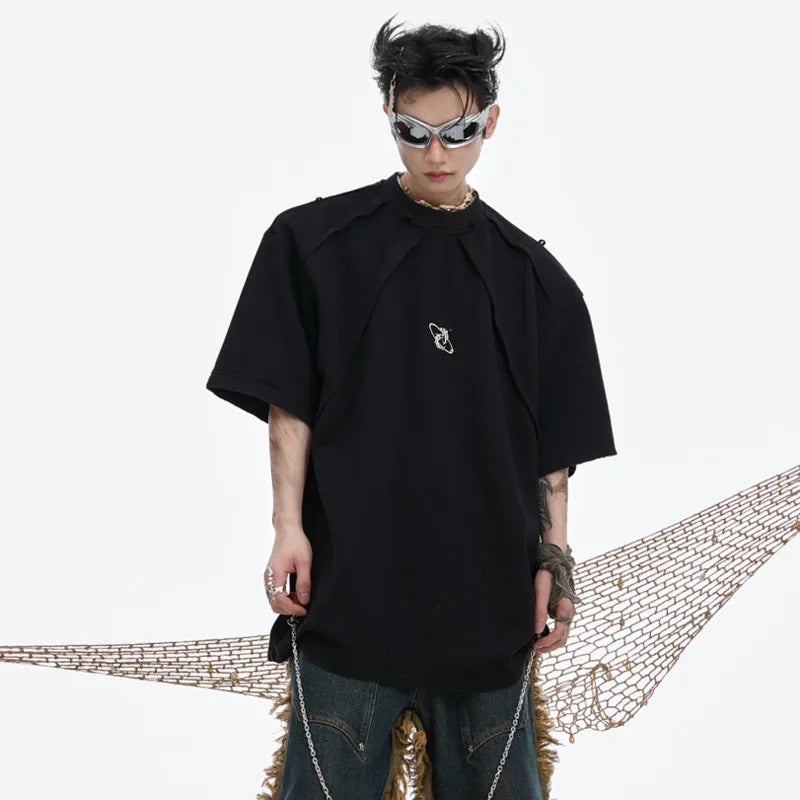 Patchwork Metal Chain O-Neck T-Shirt