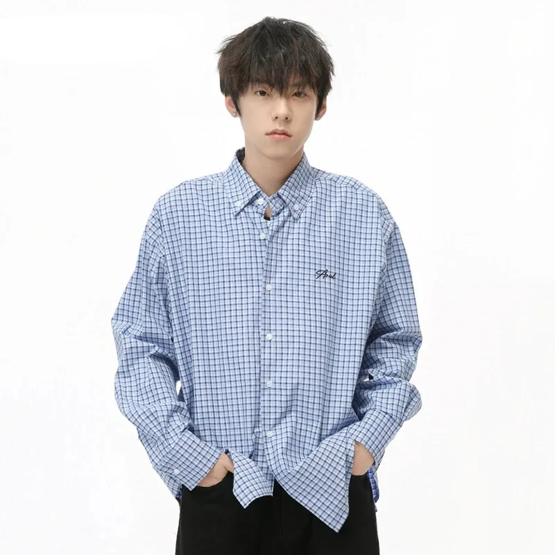 Plaid Letter Embroidery Loose Shirt