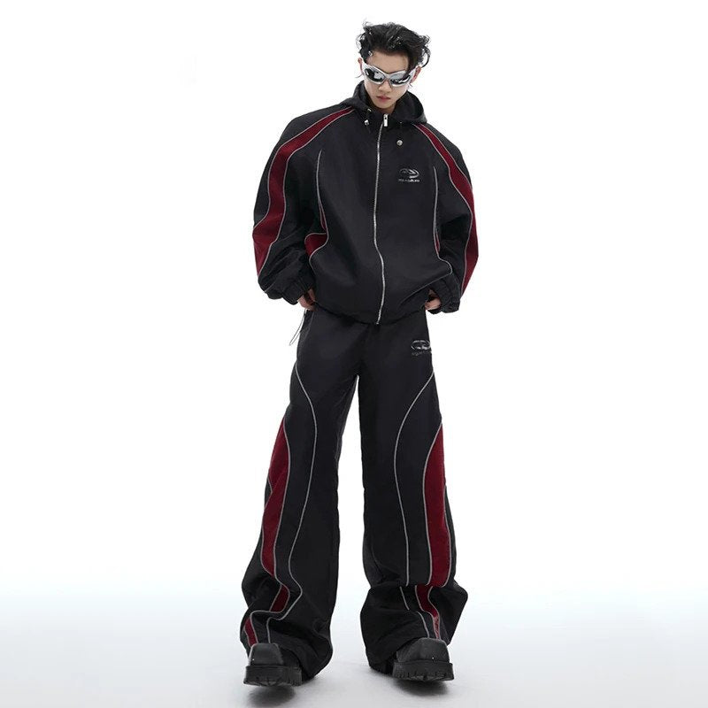 Red-Black Contrast Color Patchwork Pants Set