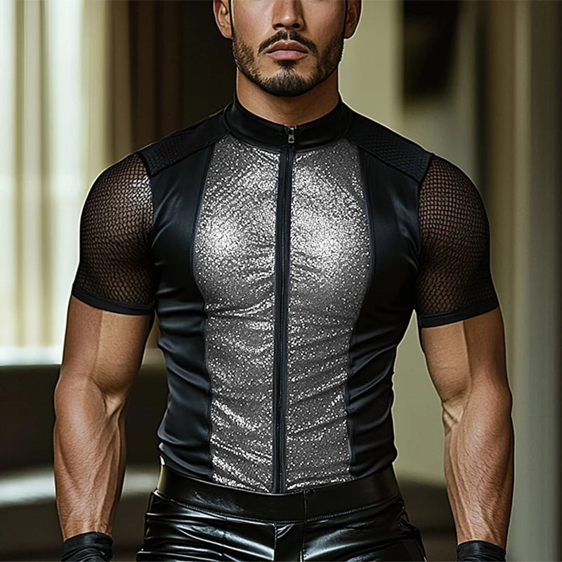 Shiny Mesh Patchwork See Through T-Shirt