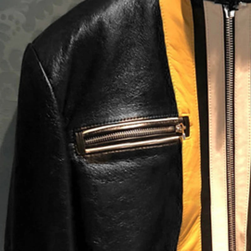 Stripe Patchwork Faux Leather Crop Jackets