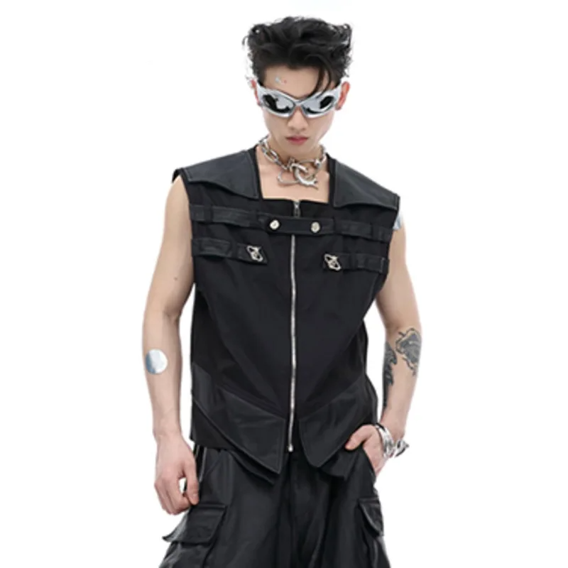 Black Spliced PU Leather Vest