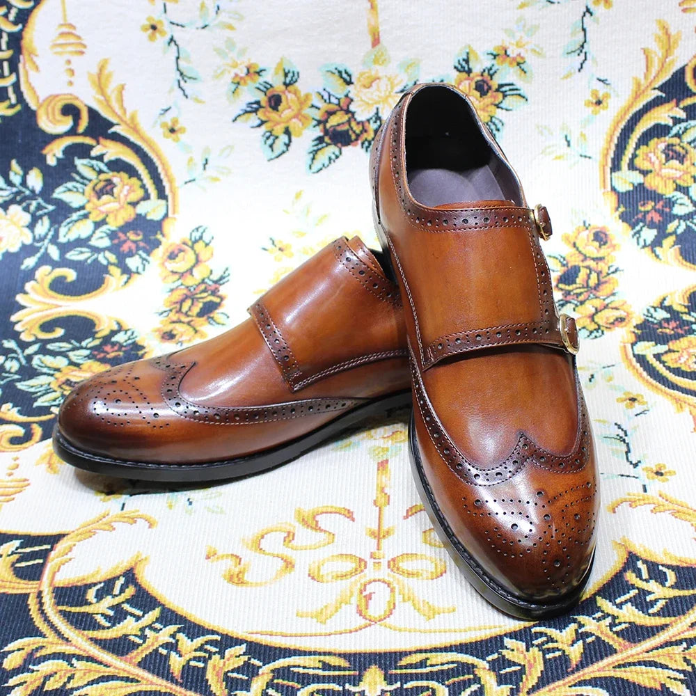 Genuine-Leather Double Buckle Monk Strap Shoes