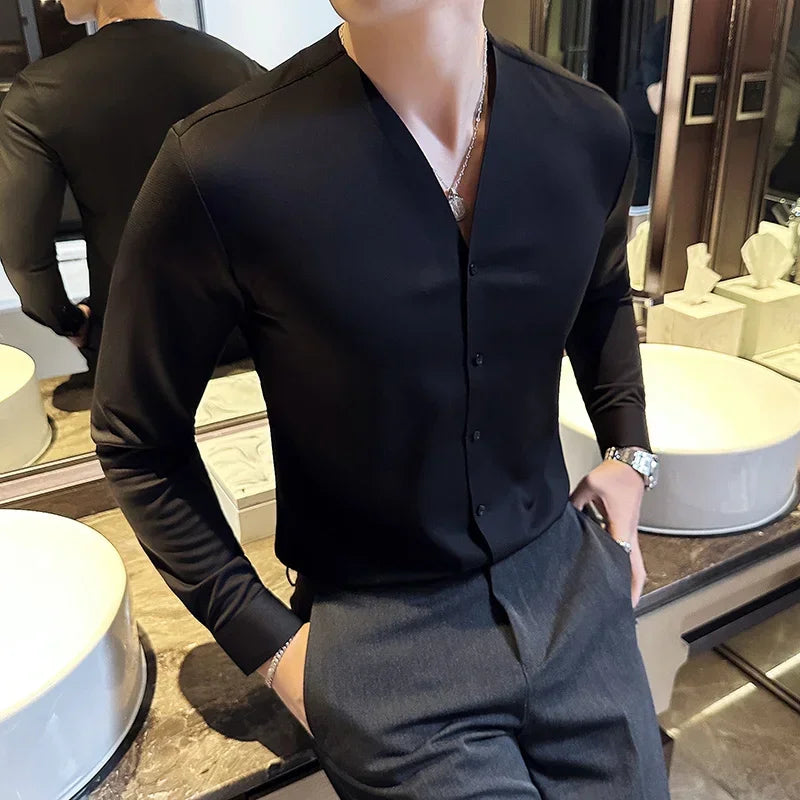 V-Neck Long Sleeve Solid Shirt