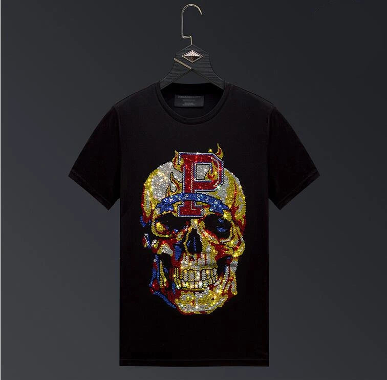 Skull Rhinestone Color O-Neck T-Shirt