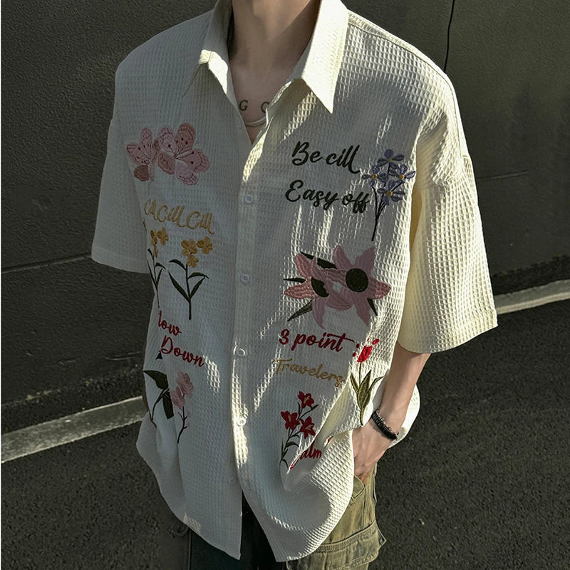 Colorful Floral Embroidery Short Sleeved Shirt