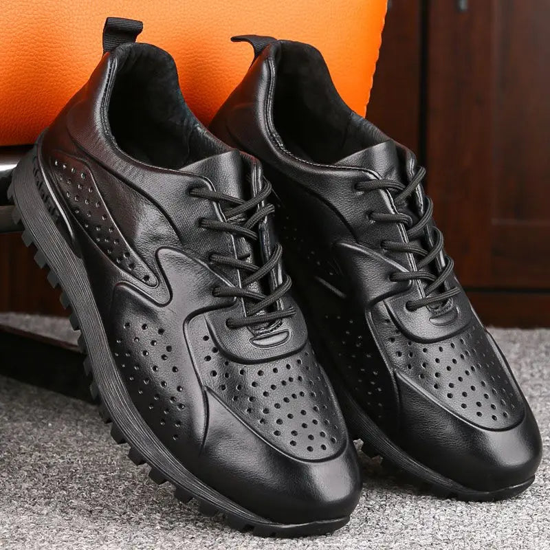 Genuine Leather Black Hollow Out Breathable Sneakers