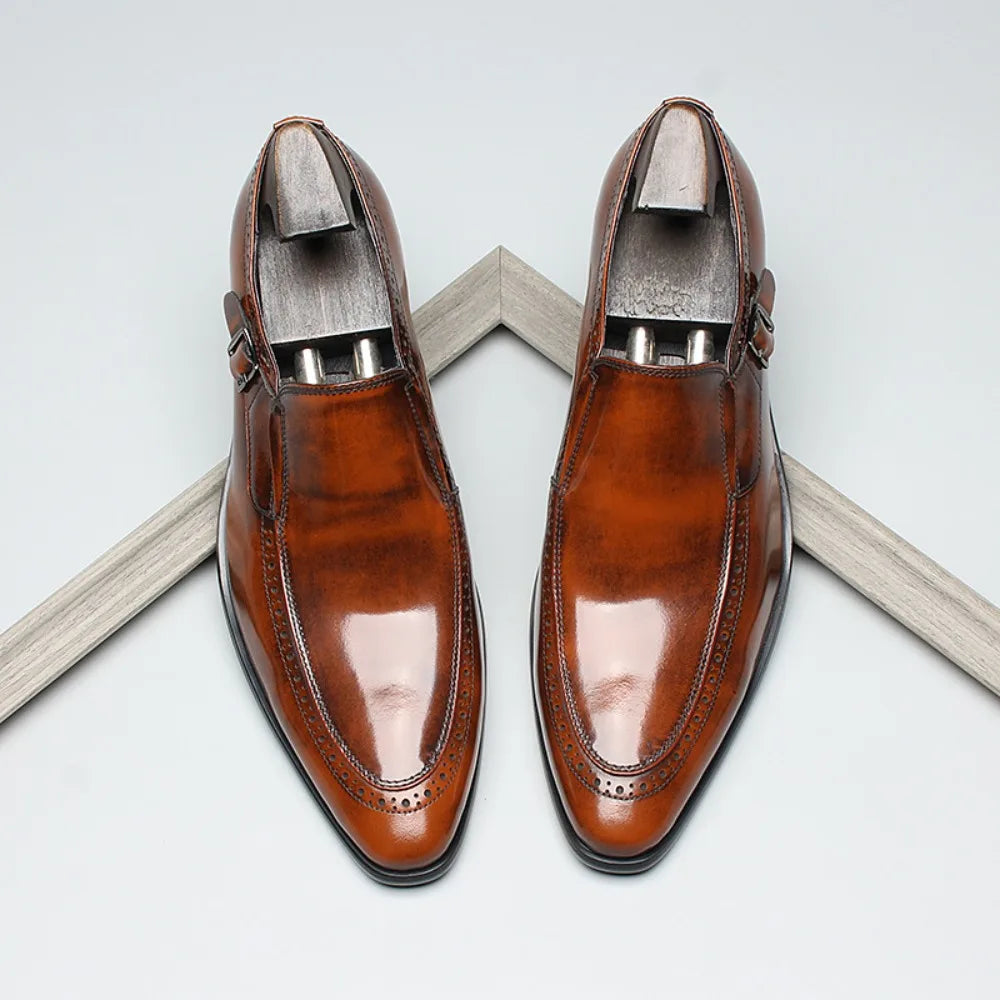 Polished Leather Pointed Toe Design Loafers