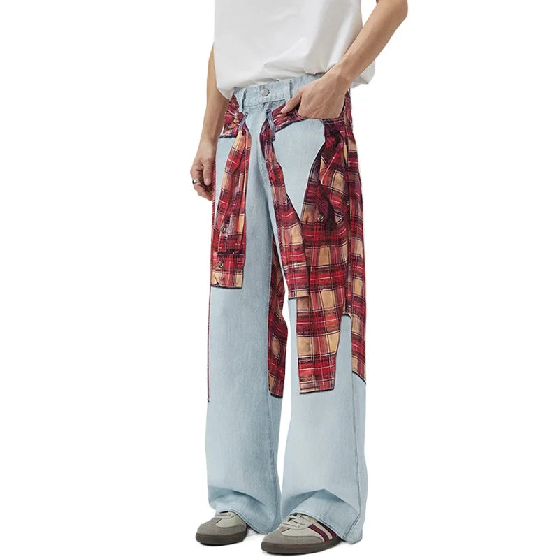 Red Plaid Flannel Printed Denim Jeans