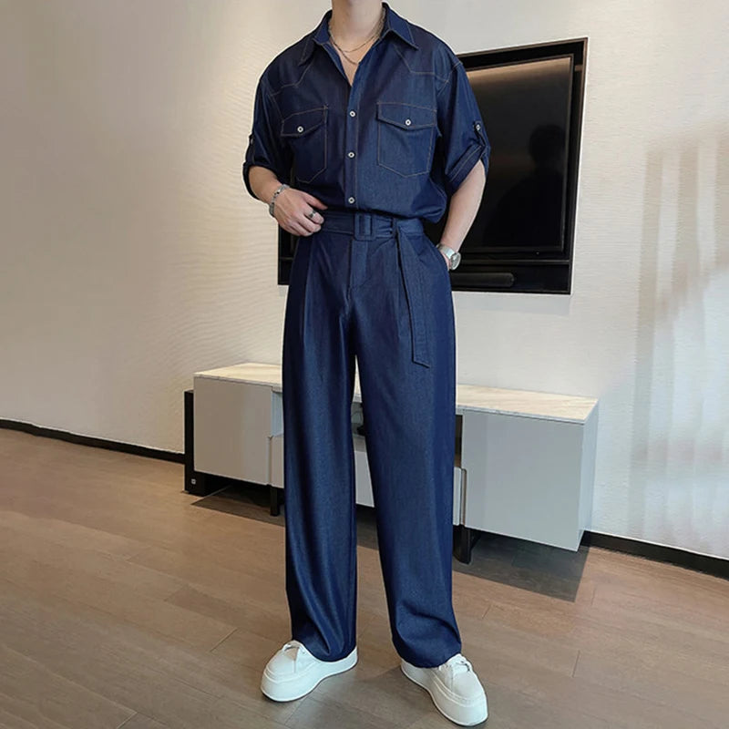 Casual Solid Denim Shirt Pants Set