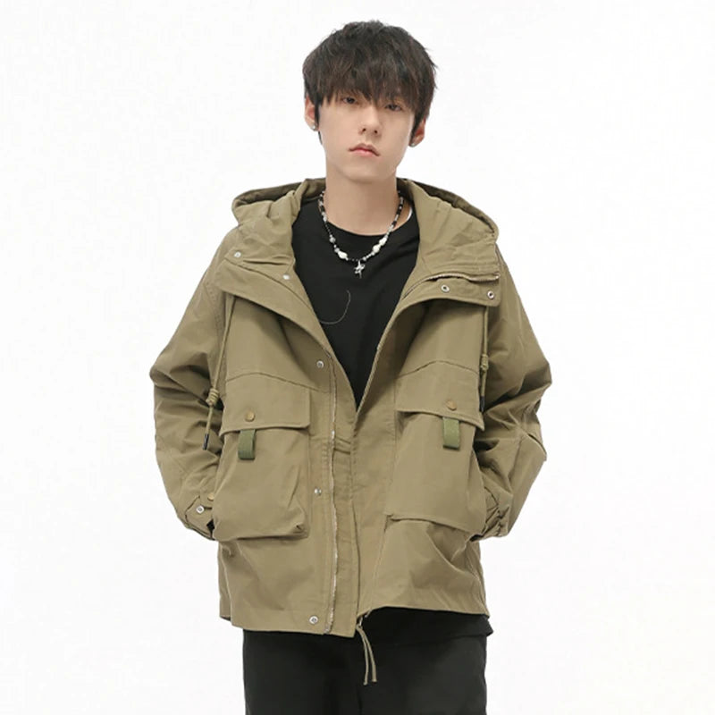 Solid Big Pockets Drawstring Hooded Jacket