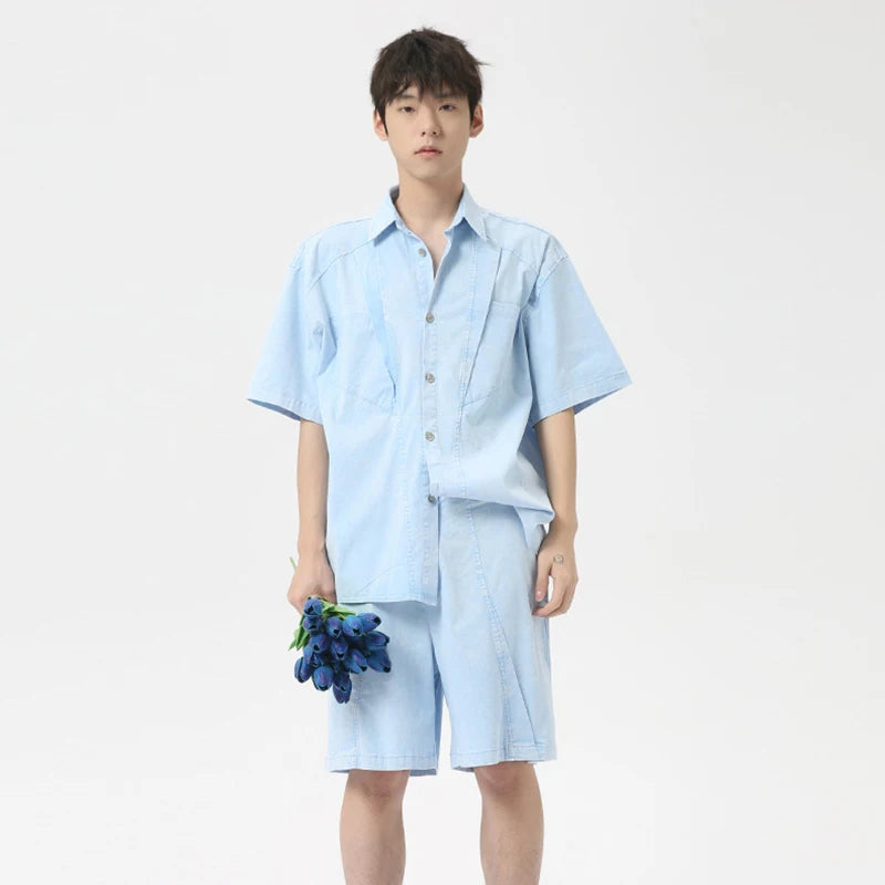 Sky Blue Loose Lapel Collar Shorts Set