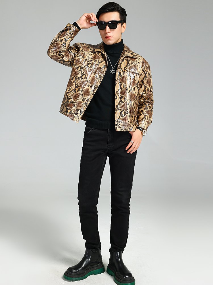 Snakeskin Print PU Leather Jacket