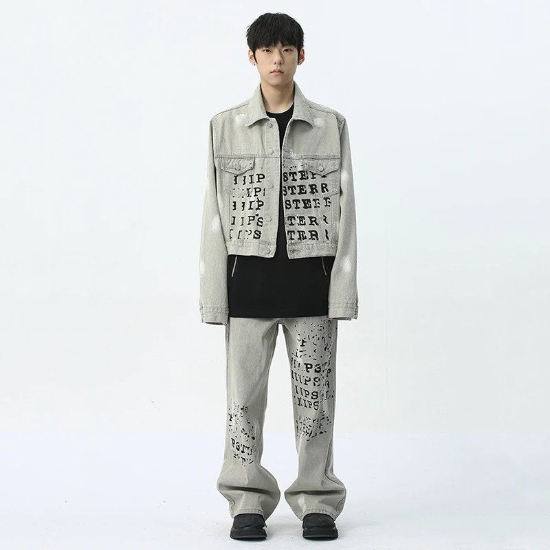 Letter Printing Denim Jacket Pants Set