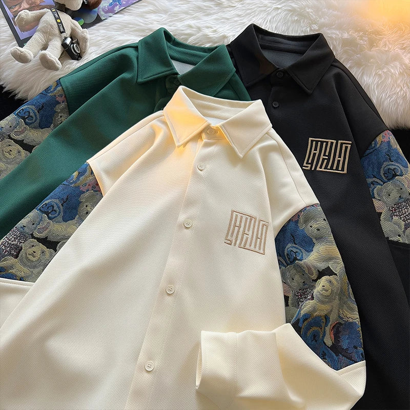 Embroidery Bear Patchwork Long Sleeve Shirt