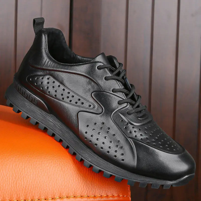 Genuine Leather Black Hollow Out Breathable Sneakers