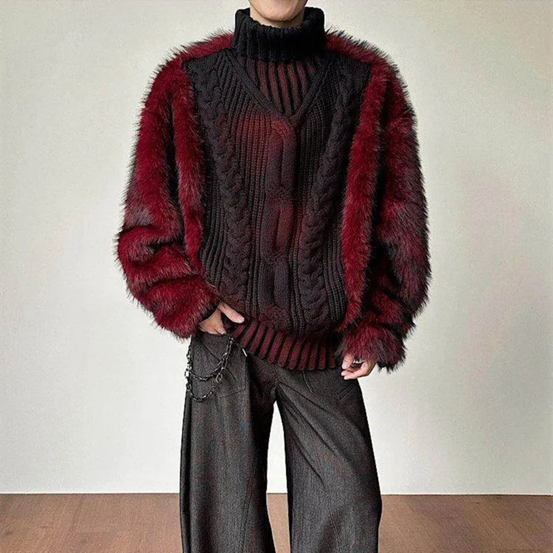 Turtleneck Spliced Fur Cable Knit Oversized Sweater