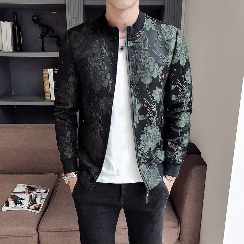 Vintage Jacquard Slim Bomber Jacket