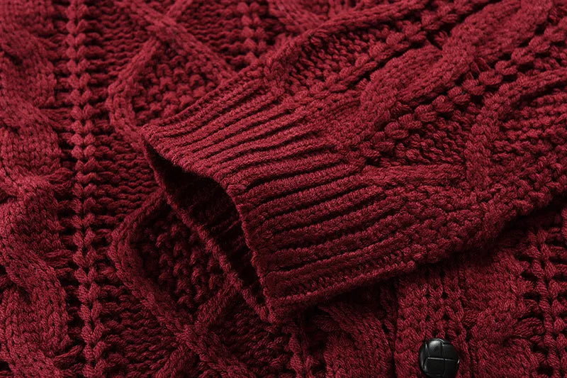 Solid Fitted Cable-knit Stand Collar Cardigan