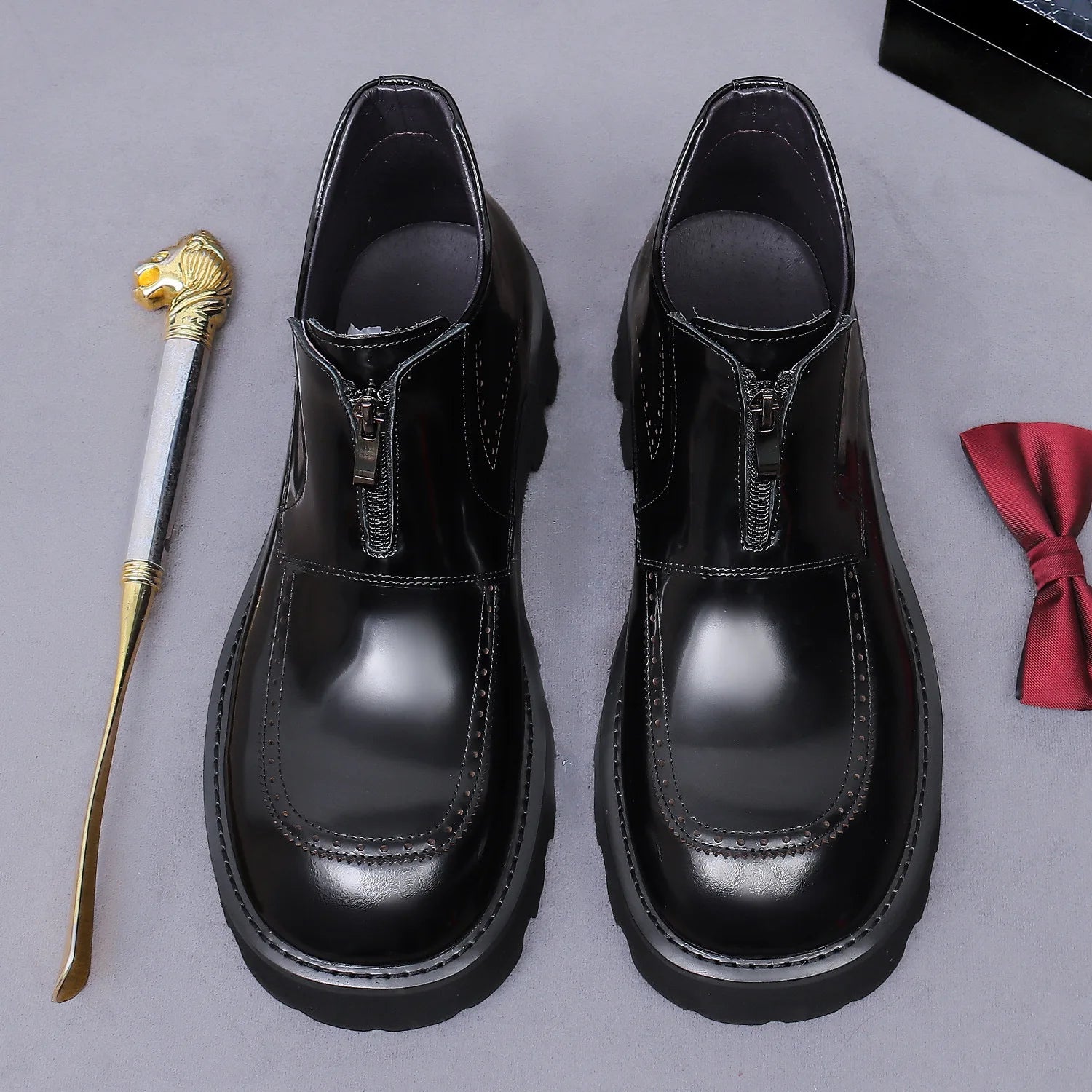 Thick Sole Zip-Up Brogue Ankle Boots