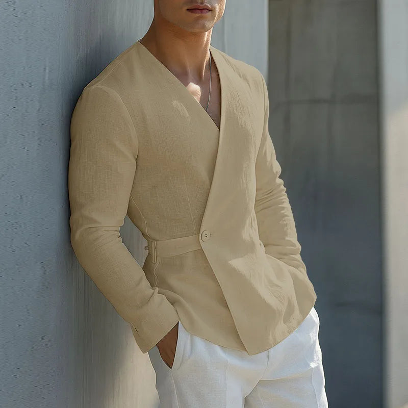 Solid Color V-Neck One-Button Shirt