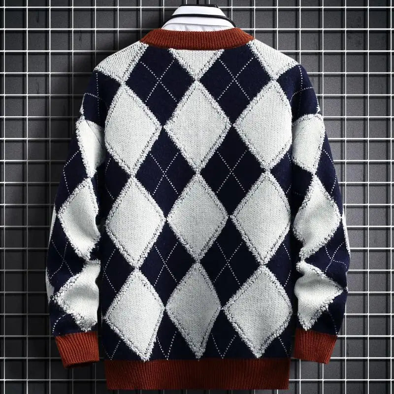 Diamond Plaid Contrast O-Neck Sweater