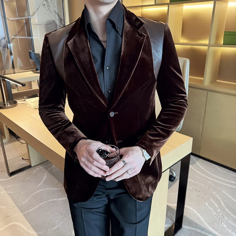 Velvet Leather Splicing Formal Blazer
