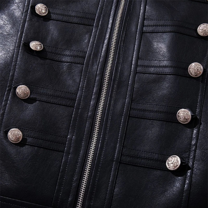 Retro Solid Black Metal Button Fitted Jacket