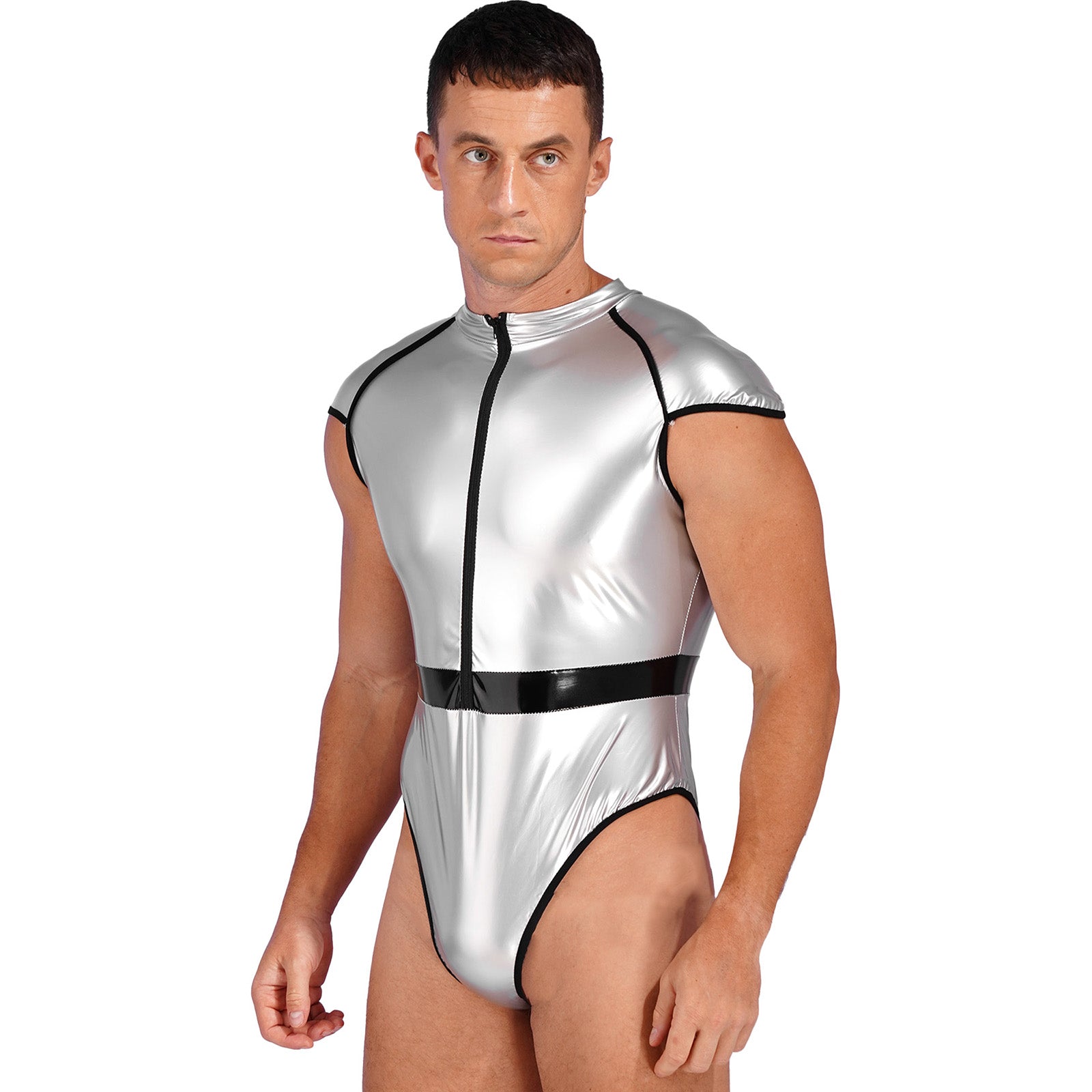 Zipper Front Shiny Solid Bodysuit