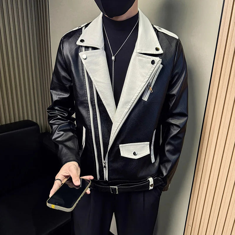Zipper V-Neck Motorcycle Leather Jacket