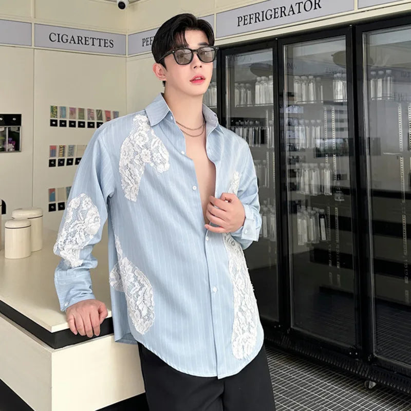 Lace Patchwork Blue Color Men's Shirt