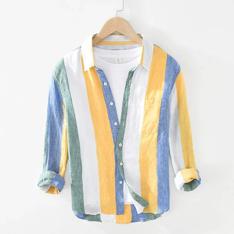 Linen Long-Sleeved Color Block Shirt