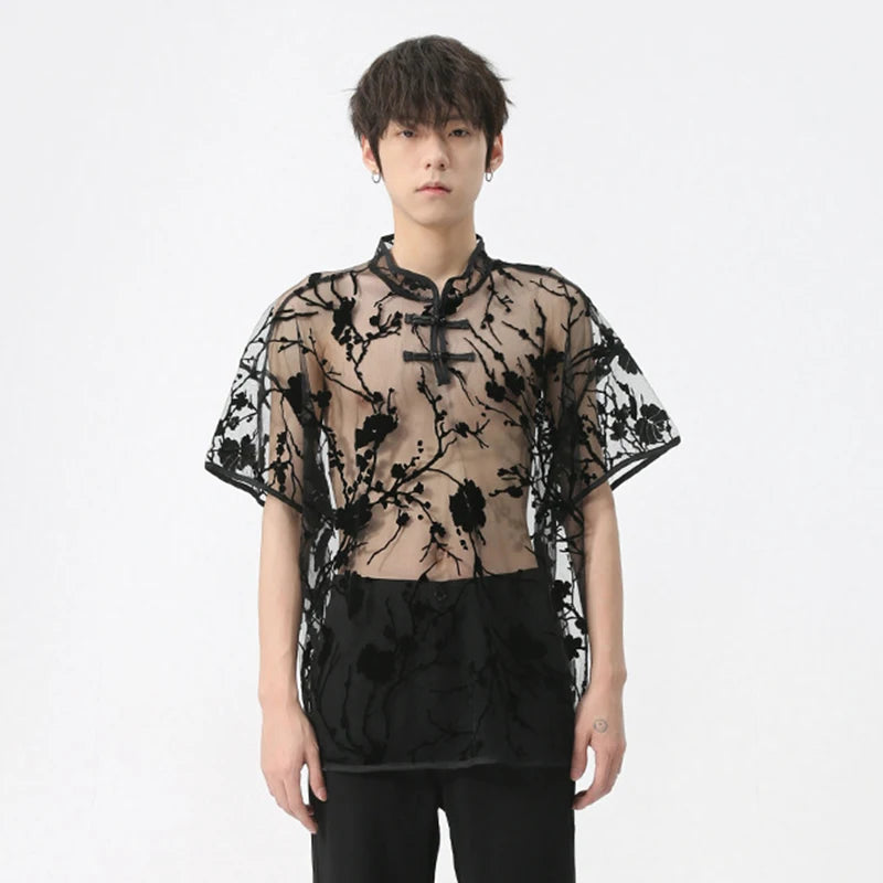 See Through Embroidery Black Shirt