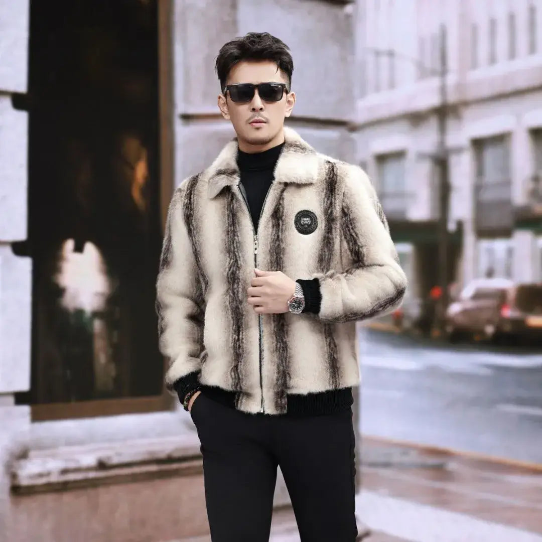Fluffy Stripe Turn-down Collar Jacket