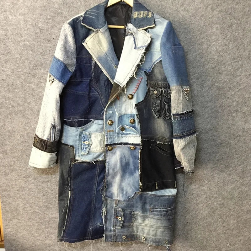 Patchwork Denim Ripped Long Coat