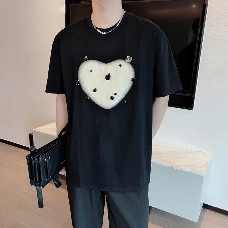 Heart Pattern Rhinestone Decoration T-Shirt