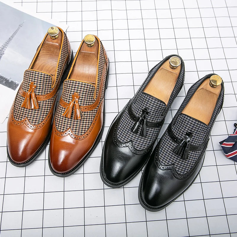 Houndstooth Patchwork with Tassels Loafers